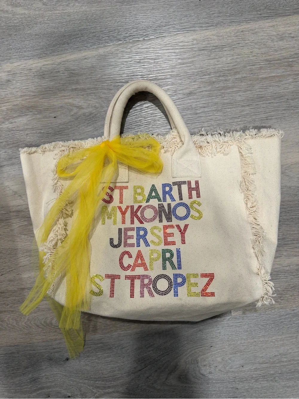 Canvas Tote Bag with Yellow Handles and Multicolor Text
